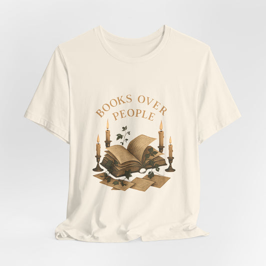Books Over People T-Shirt — Vintage Candlelit Open Book Tee for Book Lovers