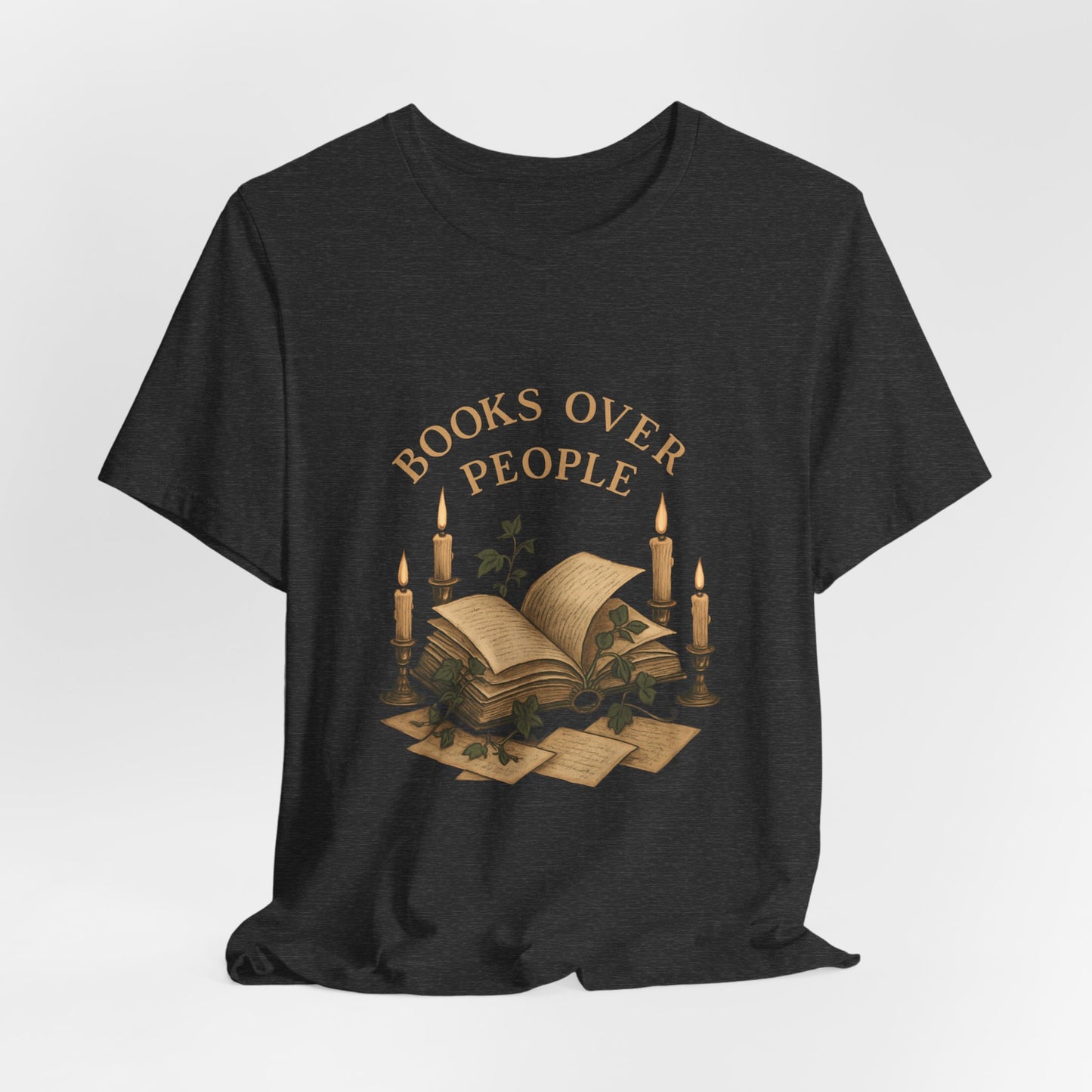 Books Over People T-Shirt — Vintage Candlelit Open Book Tee for Book Lovers