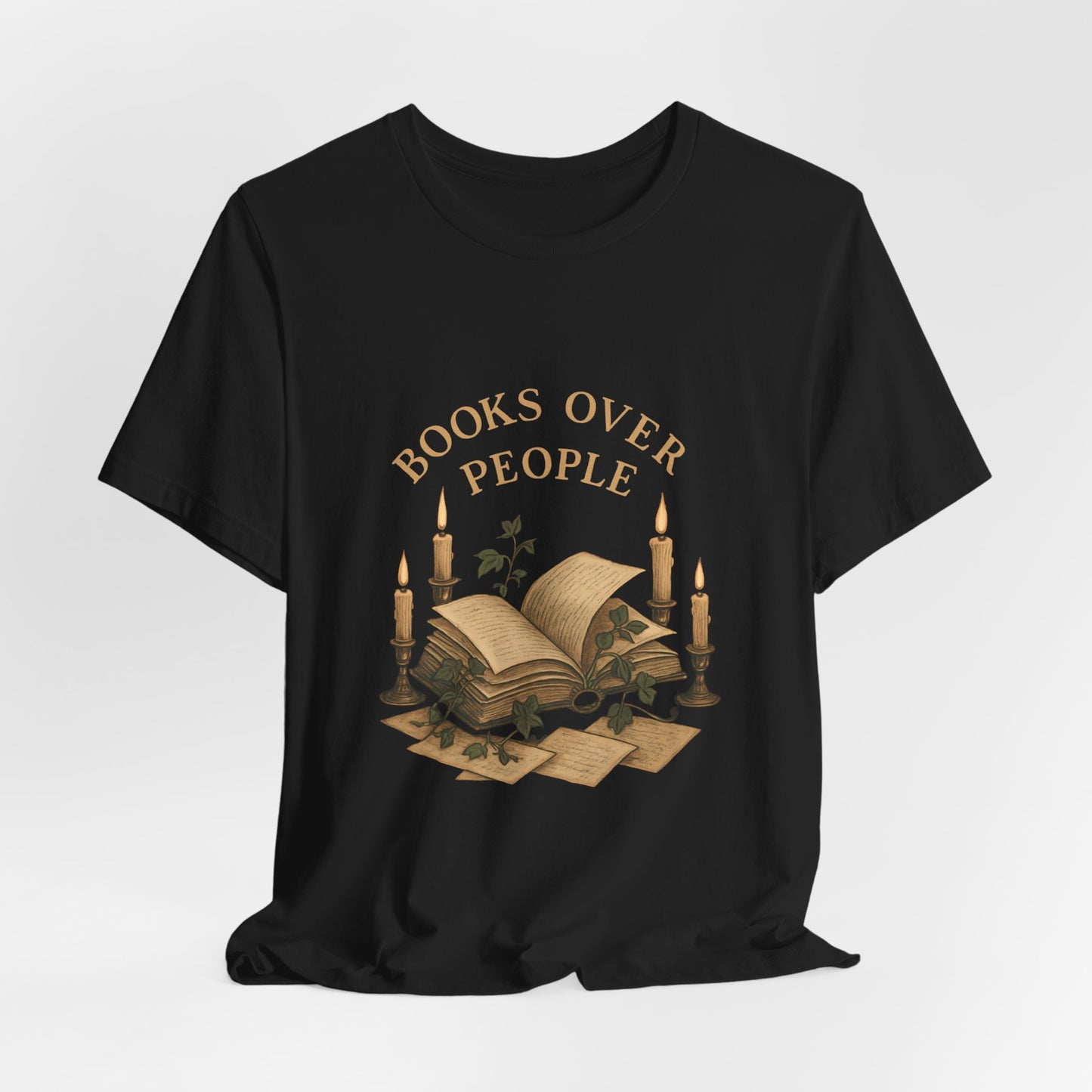 Books Over People T-Shirt — Vintage Candlelit Open Book Tee for Book Lovers