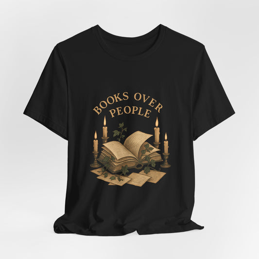 Books Over People T-Shirt — Vintage Candlelit Open Book Tee for Book Lovers