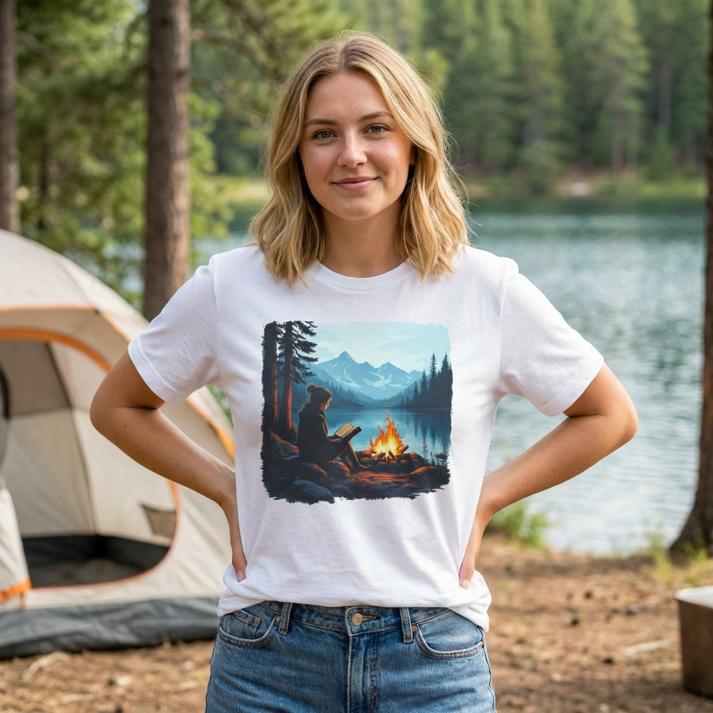 Campfire Reading Scenic Mountain Lake T-Shirt