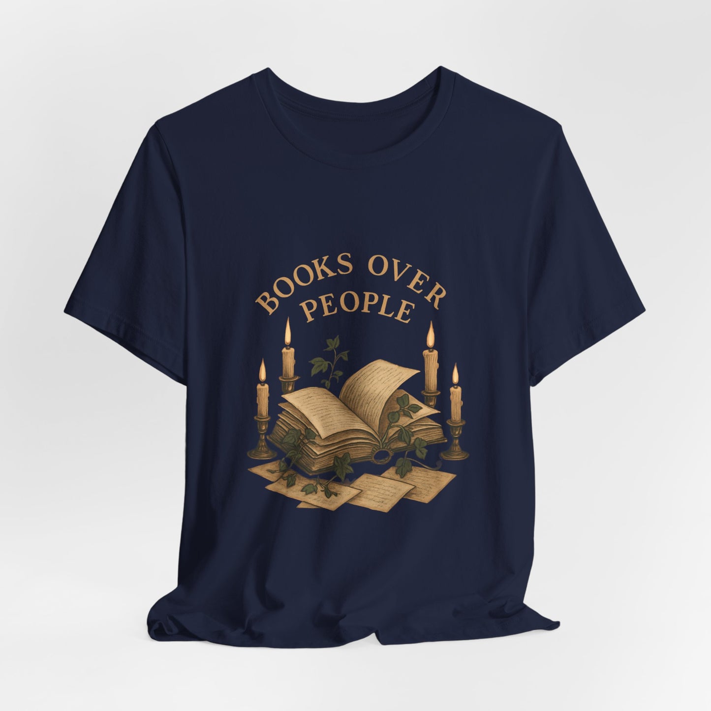 Books Over People T-Shirt — Vintage Candlelit Open Book Tee for Book Lovers