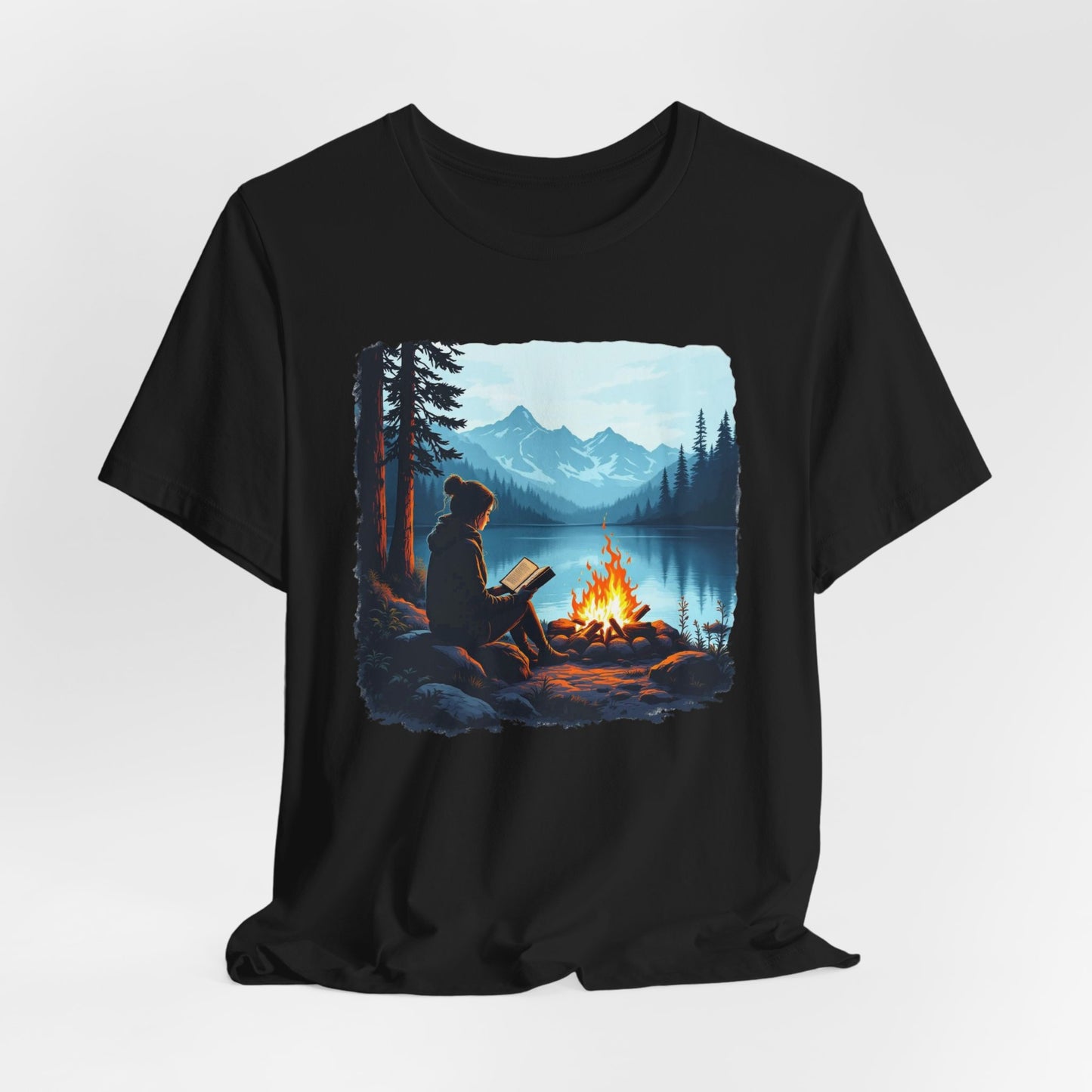 Campfire Reading Scenic Mountain Lake T-Shirt