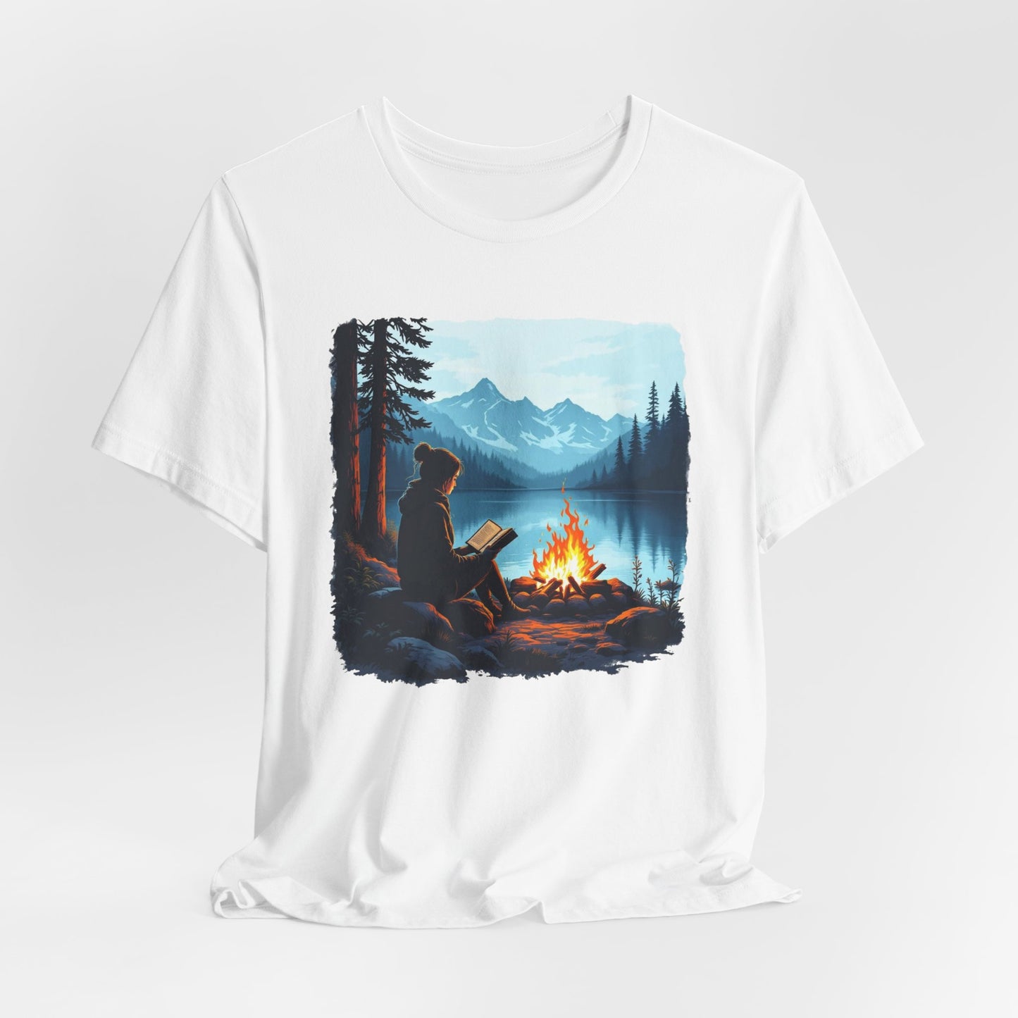 Campfire Reading Scenic Mountain Lake T-Shirt